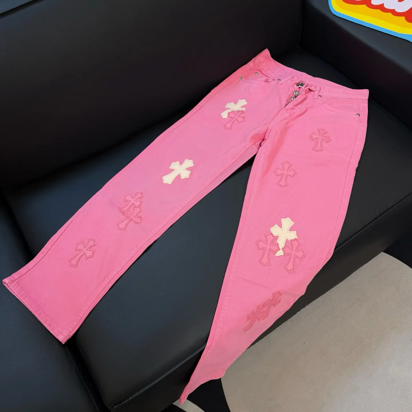 P300 Style number: D343 Chrome Hearts CH gram limited pink leather jeans Color: rose pink Size: S M L